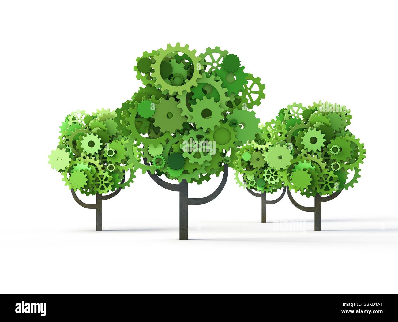 Alberi verdi fatti di ingranaggi, concetto di tecnologia verde Foto Stock