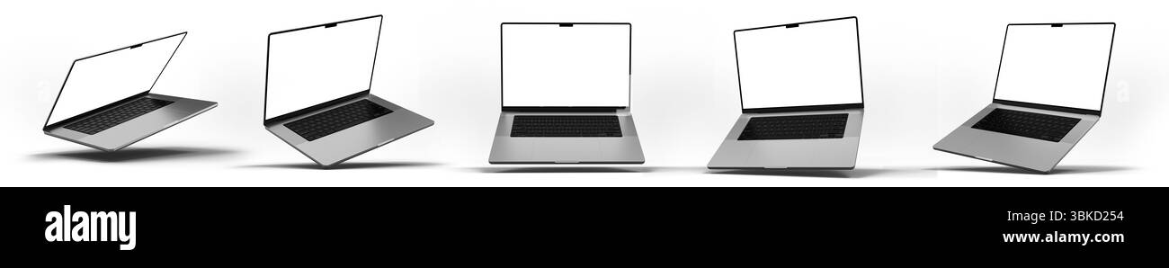 Un set di notebook con schermi vuoti mostrati da varie angolazioni astratte su sfondo bianco, che mostrano un design tecnologico moderno. Rendering 3D. Foto Stock