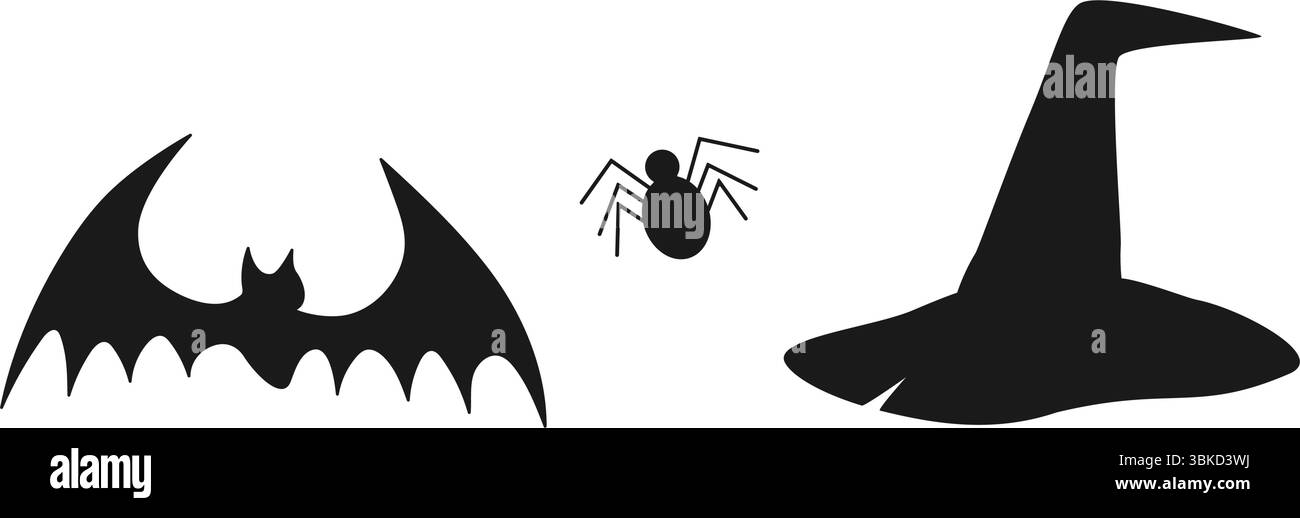 Silhouette disegnata a mano Bat Spider e cappello della strega simboli di Halloween biglietti d'auguri Set di elementi di design. Illustrazione vettoriale isolata tema Halloween carte di auguri o banner promozionale, volantini, etichette Illustrazione Vettoriale