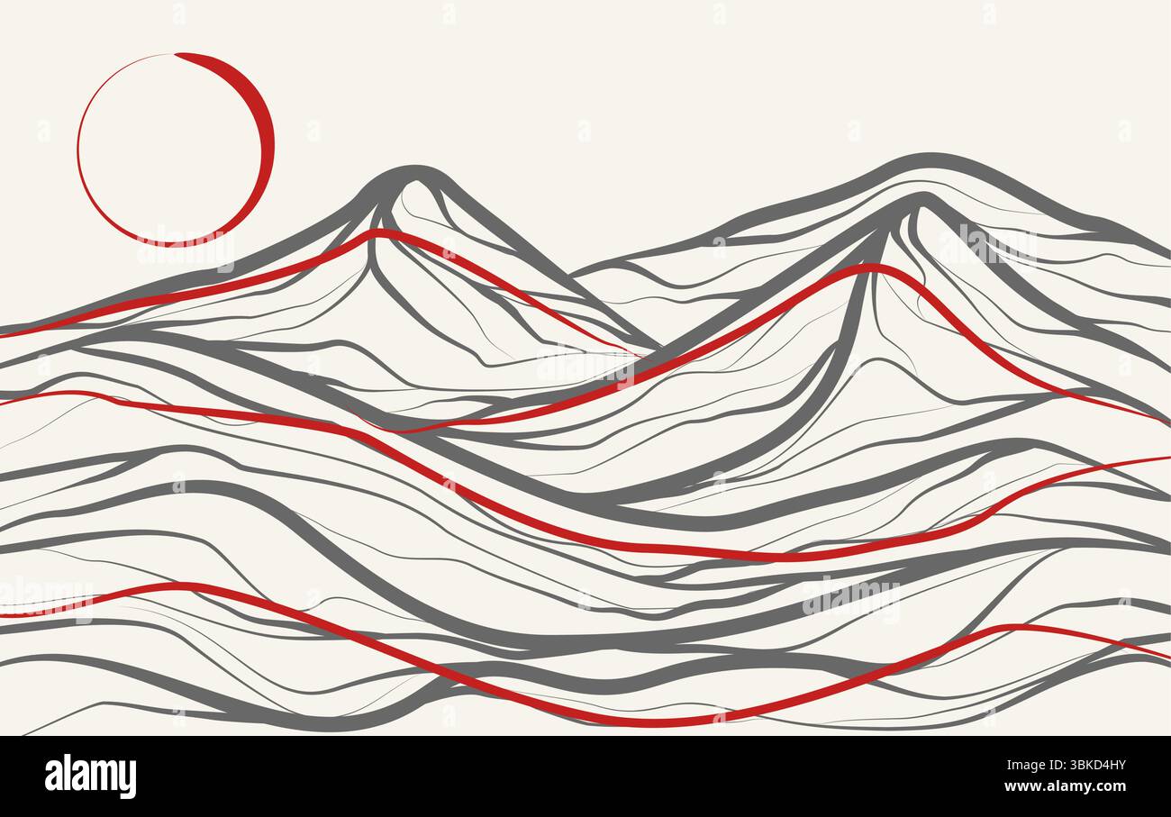 Opere d'arte di lusso della linea Mountain con sfondo solare. Carta da parati da montagna con vettore di linee grigie Illustrazione Vettoriale