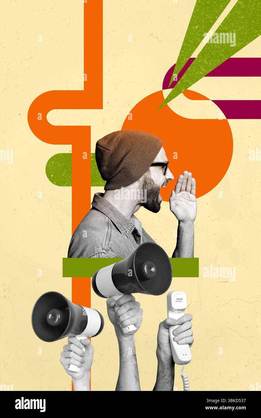 Collage visivo poster di persona con telefono megafono su sfondo pastello Foto Stock
