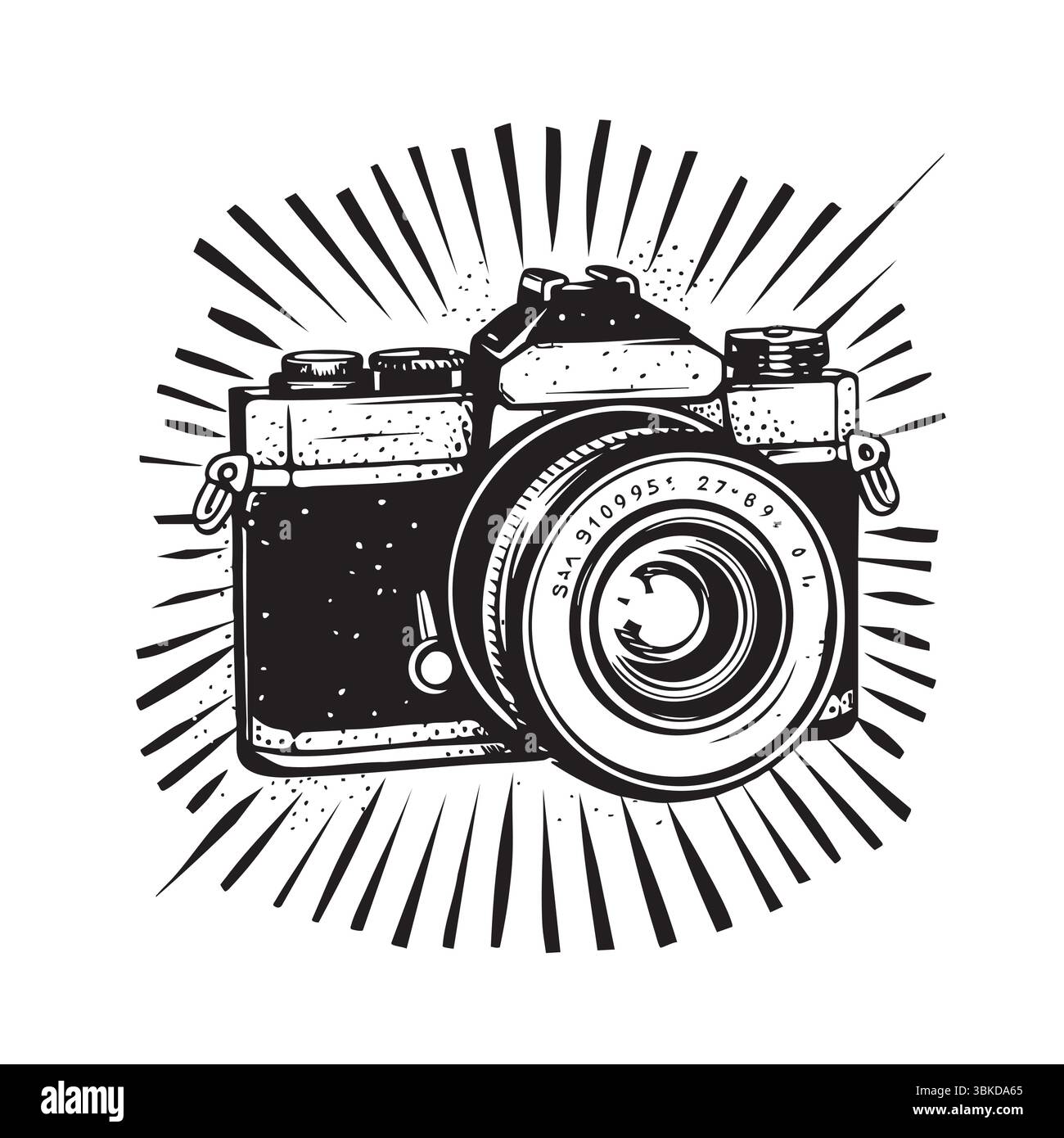 Illustrazione monocromatica dettagliata di una telecamera retrospettiva Illustrazione Vettoriale