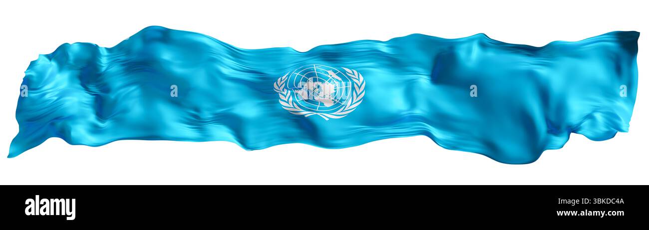 Bandiera stilizzata di un che ondeggia nel vento, isolata su sfondo bianco. Piè di pagina, intestazione o divisore. Ritagliare l'elemento panoramico largo. Nazioni Unite. 3D. Foto Stock