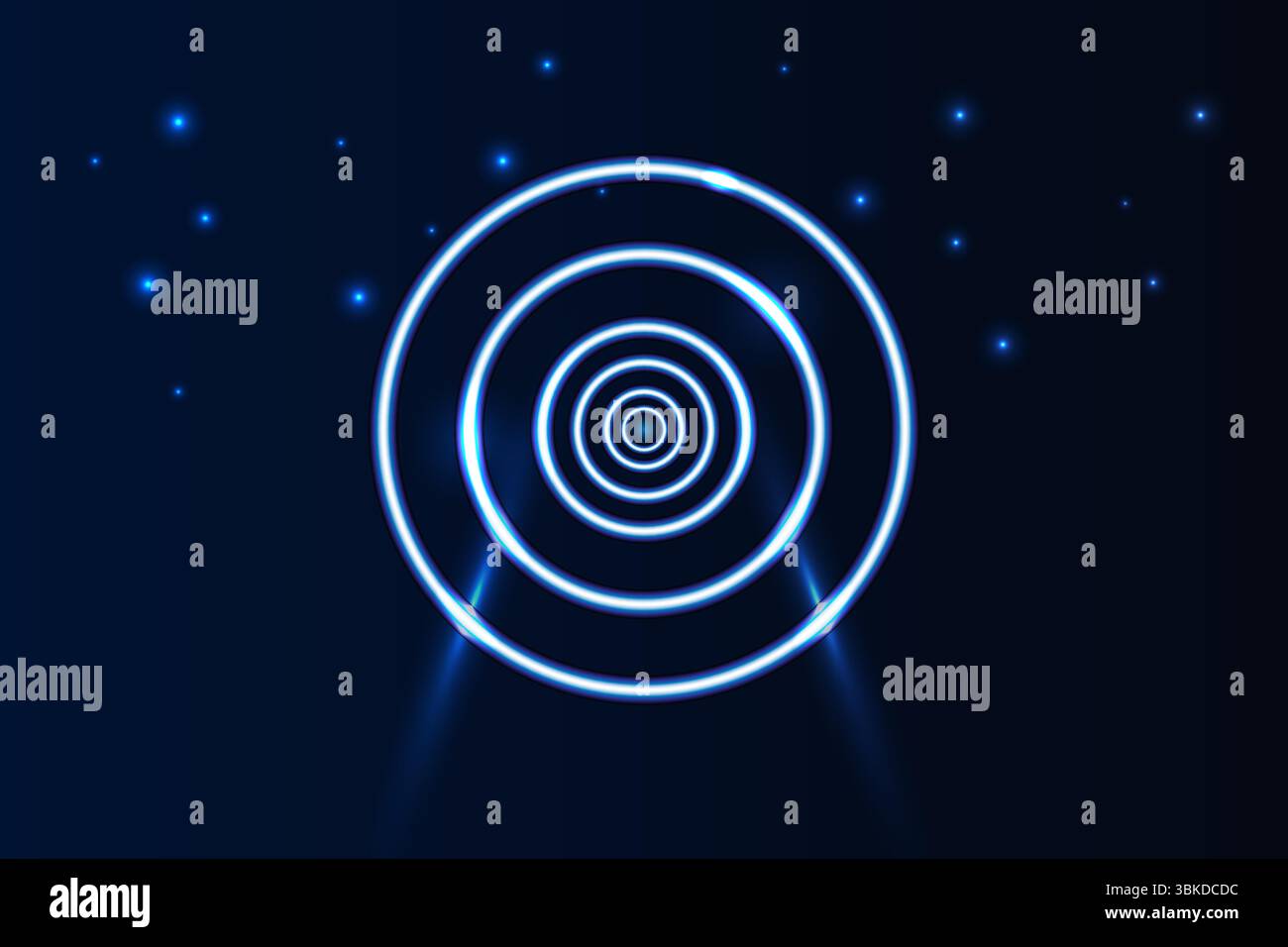Cerchi concentrici al neon blu astratti che si illuminano su uno sfondo scuro con particelle di luce sparse, perfetti per temi tecnologici o fantascientifici, illustratore vettoriale Illustrazione Vettoriale Cerchi concentrici al neon blu astratti che si illuminano su uno sfondo scuro con particelle di luce sparse, perfetti per temi tecnologici o fantascientifici, illustratore vettoriale Illustrazione Vettoriale