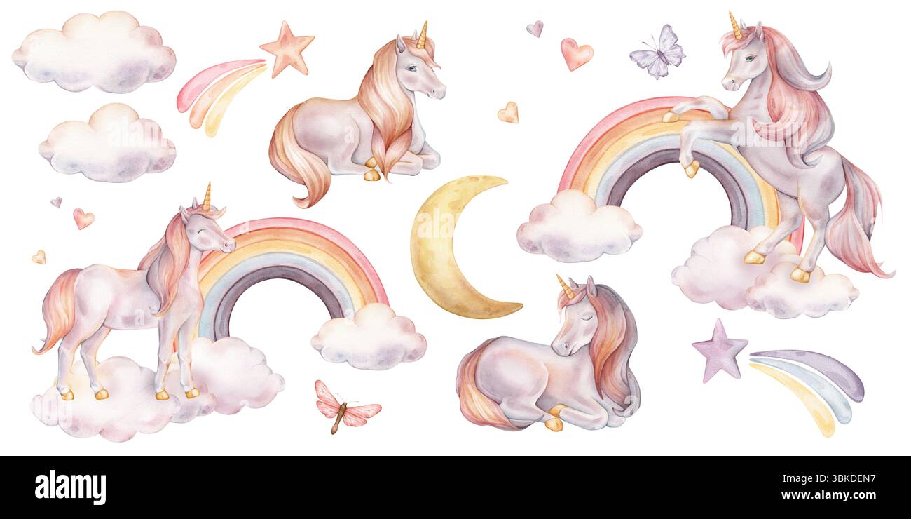 Clipart acquerello con unicorni su arcobaleno, stelle e nuvole per ragazze. Set disegnato a mano di illustrazioni di luna e farfalla per il design infantile Foto Stock