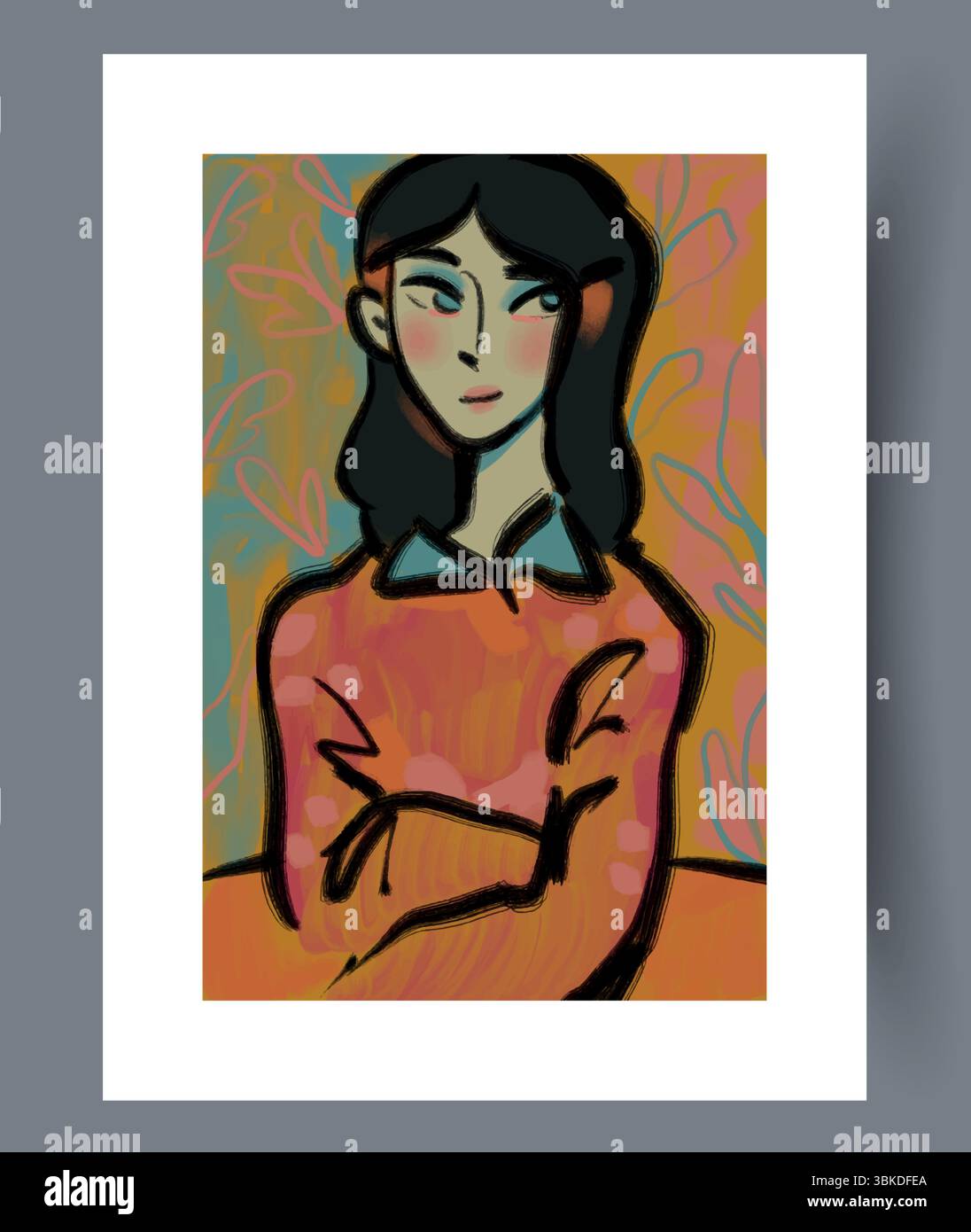 Un ritratto stilizzato di una donna premurosa che alla fine esprime le sue emozioni in colori vivaci Illustrazione Vettoriale
