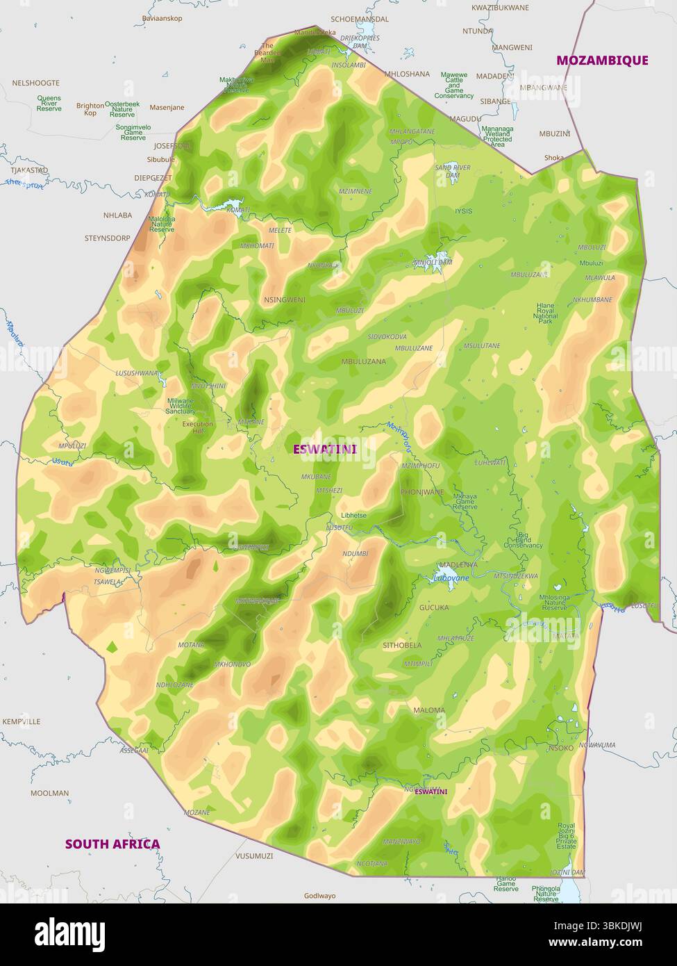 Mappa fisica dettagliata dello Swaziland Illustrazione Vettoriale