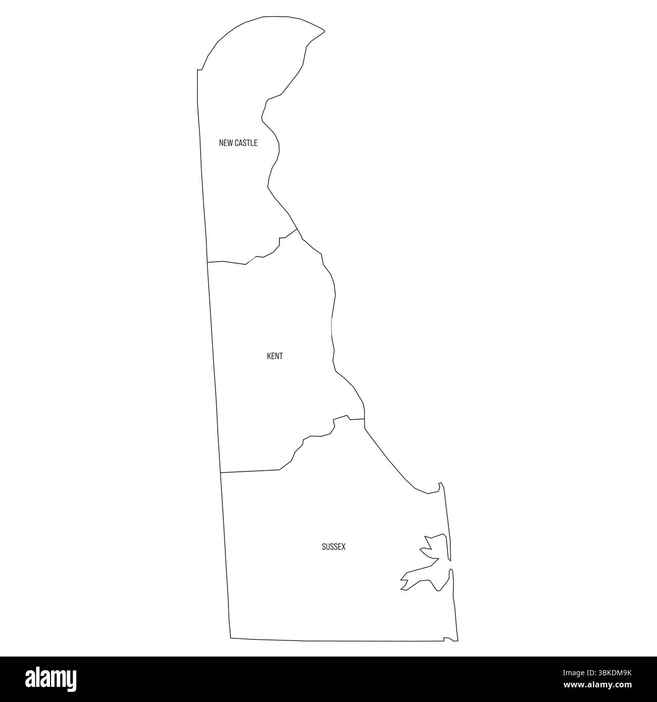 Delaware, DE - dettagliata mappa politica dello stato degli Stati Uniti. Mappa amministrativa divisa in contee. Mappa sottile con contorno nero con etichette per il nome della contea. Illustrazione vettoriale Illustrazione Vettoriale