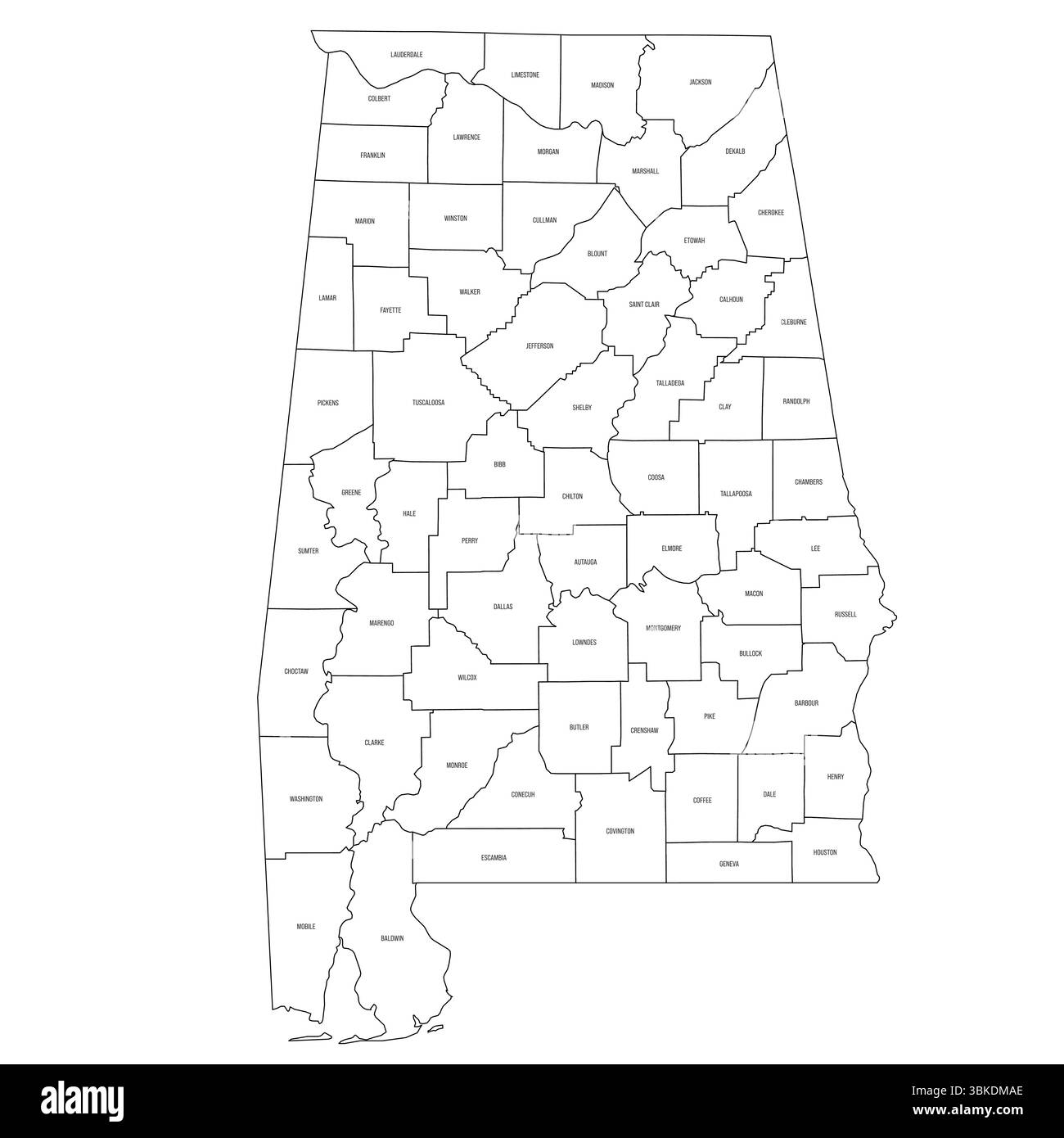 Alabama, AL - Mappa politica dettagliata dello stato degli Stati Uniti. Mappa amministrativa divisa in contee. Mappa sottile con contorno nero con etichette per il nome della contea. Illustrazione vettoriale Illustrazione Vettoriale