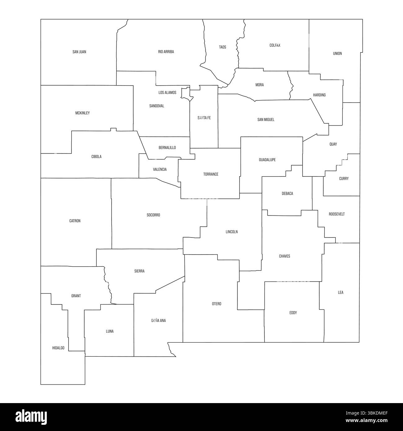 New Mexico, NM - Mappa politica dettagliata dello stato degli Stati Uniti. Mappa amministrativa divisa in contee. Mappa sottile con contorno nero con etichette per il nome della contea. Illustrazione vettoriale Illustrazione Vettoriale