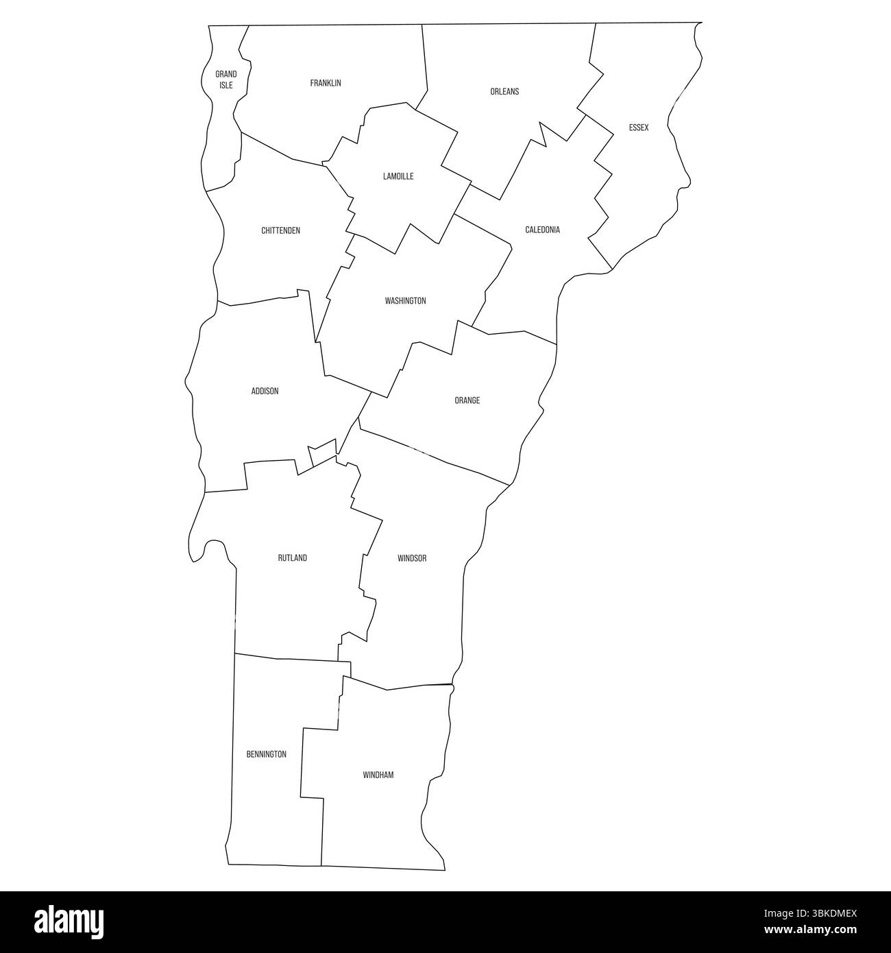 Vermont, VT - Mappa politica dettagliata dello stato degli Stati Uniti. Mappa amministrativa divisa in contee. Mappa sottile con contorno nero con etichette per il nome della contea. Illustrazione vettoriale Illustrazione Vettoriale
