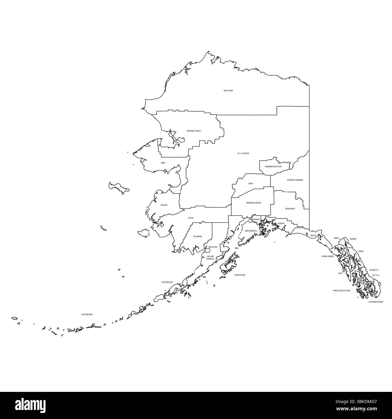 Alaska, AK - Mappa politica dettagliata dello stato degli Stati Uniti. Mappa amministrativa divisa in contee. Mappa sottile con contorno nero con etichette per il nome della contea. Illustrazione vettoriale Illustrazione Vettoriale