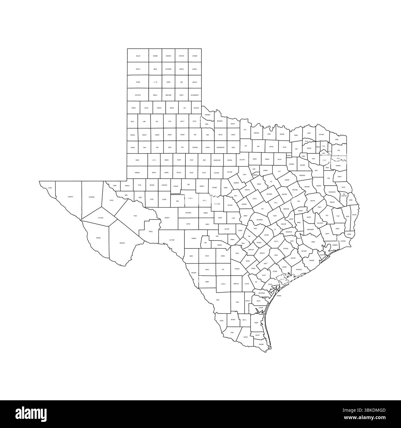 Texas, TX - Mappa politica dettagliata dello stato degli Stati Uniti. Mappa amministrativa divisa in contee. Mappa sottile con contorno nero con etichette per il nome della contea. Illustrazione vettoriale Illustrazione Vettoriale