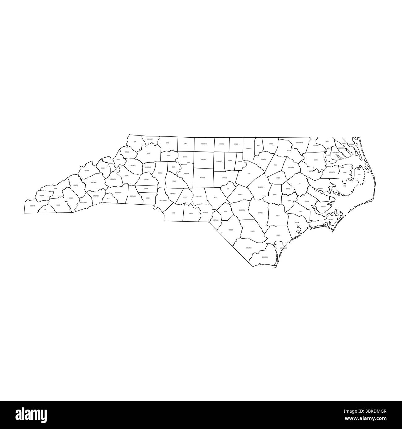 North Carolina, NC - Mappa politica dettagliata dello stato degli Stati Uniti. Mappa amministrativa divisa in contee. Mappa sottile con contorno nero con etichette per il nome della contea. Illustrazione vettoriale Illustrazione Vettoriale