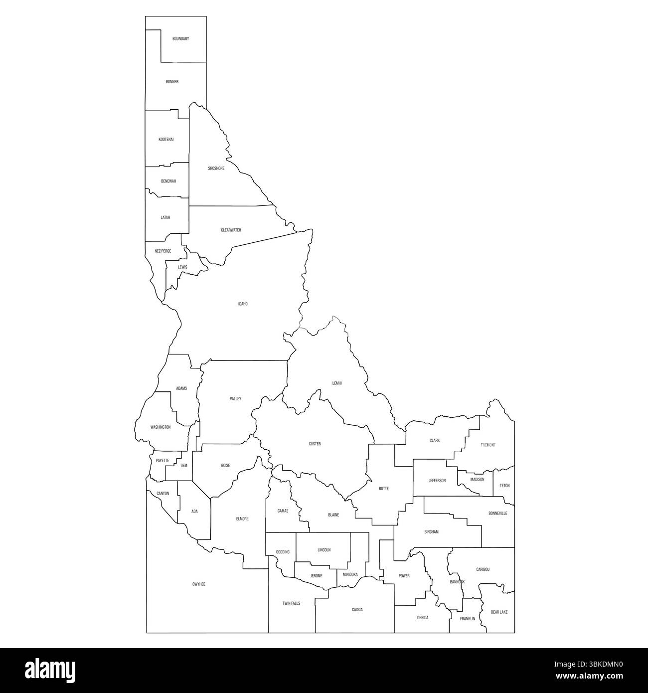 Idaho, ID - Mappa politica dettagliata dello stato degli Stati Uniti. Mappa amministrativa divisa in contee. Mappa sottile con contorno nero con etichette per il nome della contea. Illustrazione vettoriale Illustrazione Vettoriale