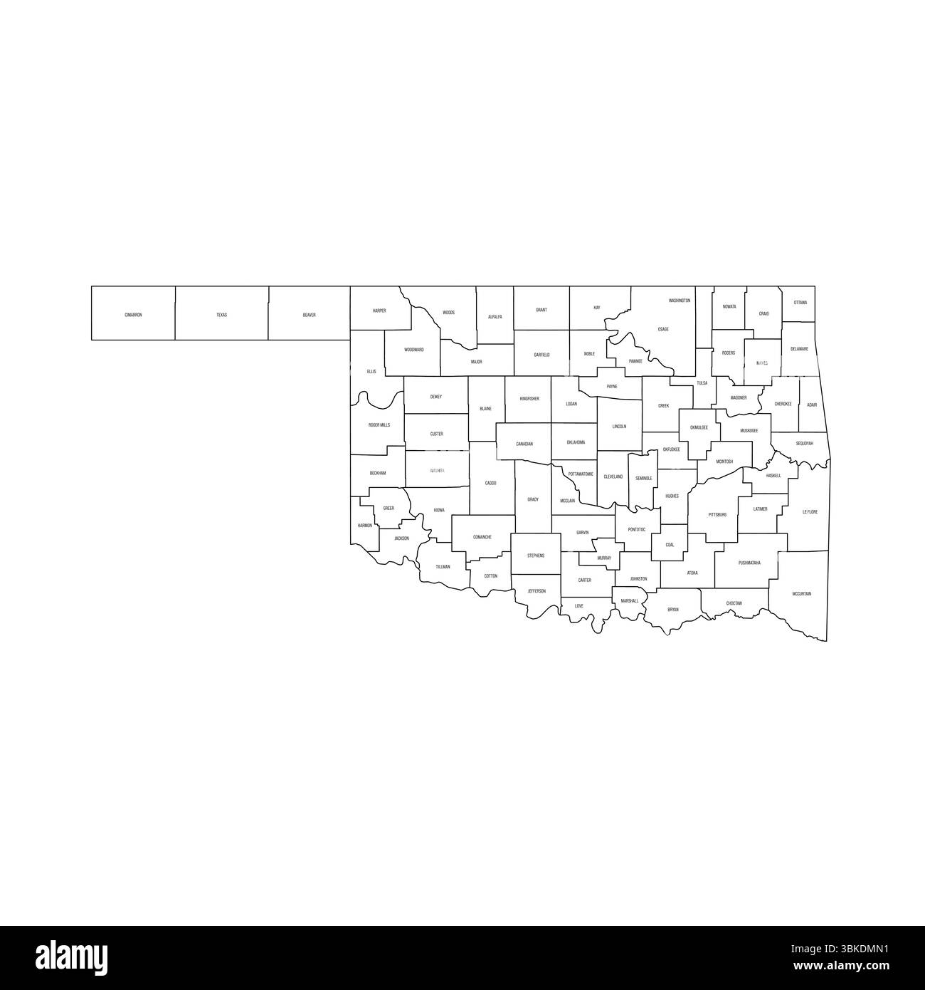 Oklahoma, OK - Mappa politica dettagliata dello stato degli Stati Uniti. Mappa amministrativa divisa in contee. Mappa sottile con contorno nero con etichette per il nome della contea. Illustrazione vettoriale Illustrazione Vettoriale