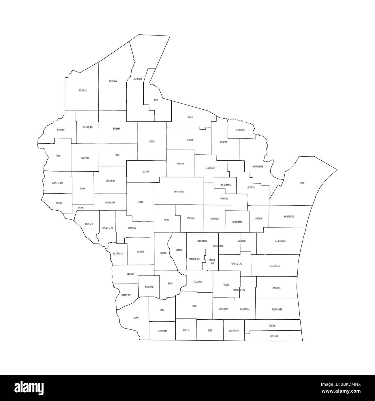 Wisconsin, WI - Mappa politica dettagliata dello stato degli Stati Uniti. Mappa amministrativa divisa in contee. Mappa sottile con contorno nero con etichette per il nome della contea. Illustrazione vettoriale Illustrazione Vettoriale