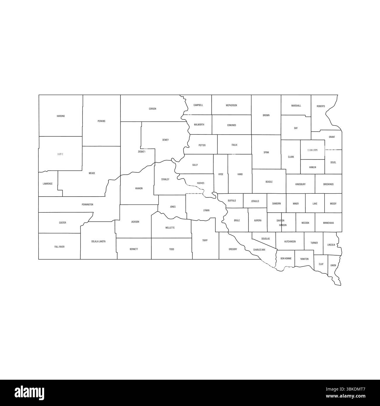 South Dakota, SD - Mappa politica dettagliata dello stato degli Stati Uniti. Mappa amministrativa divisa in contee. Mappa sottile con contorno nero con etichette per il nome della contea. Illustrazione vettoriale Illustrazione Vettoriale