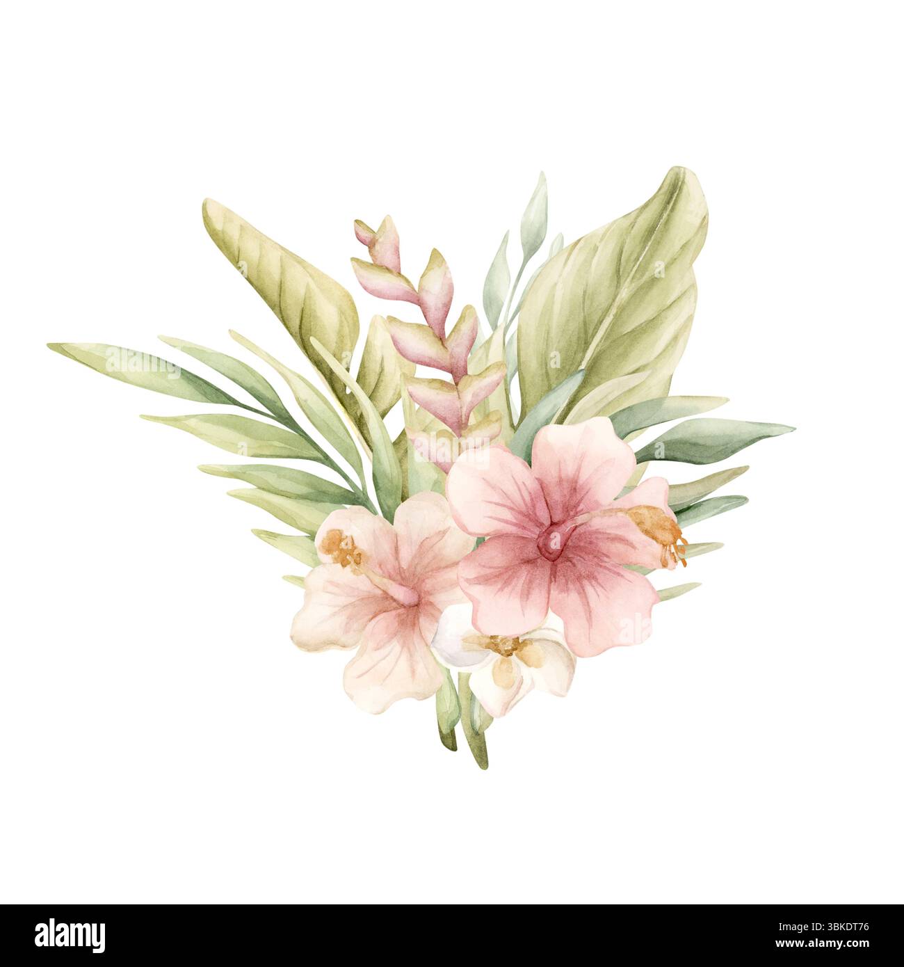 Foglie tropicali di palma di Hibiscus Heliconia. Esotica giungla africana fiori rosa piante. Illustrazione estiva isolata floreale dipinta a mano con acquerello Foto Stock