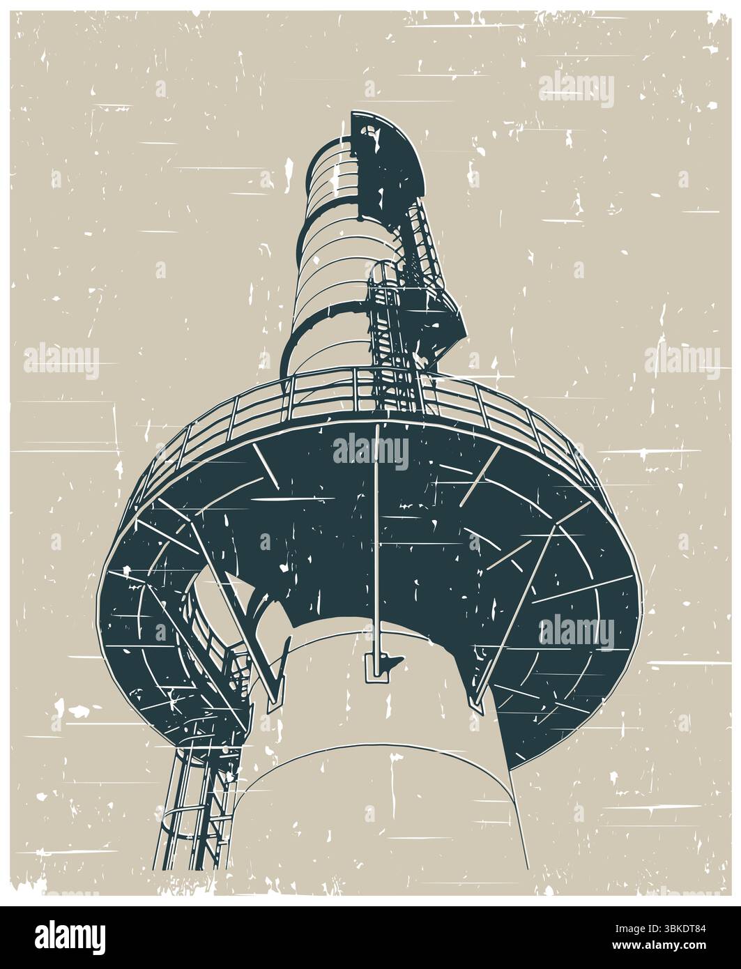 Parte di un alto camino industriale con struttura in metallo, piattaforma e scala di servizio in primo piano in stile poster retrò Illustrazione Vettoriale
