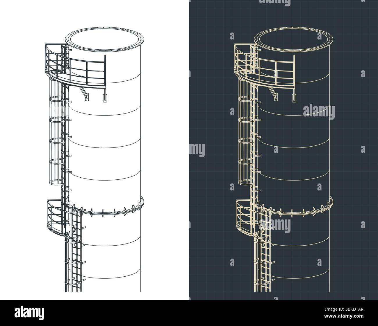 Parte di un camino industriale alto con struttura metallica e disegni isometrici della scala di servizio Illustrazione Vettoriale