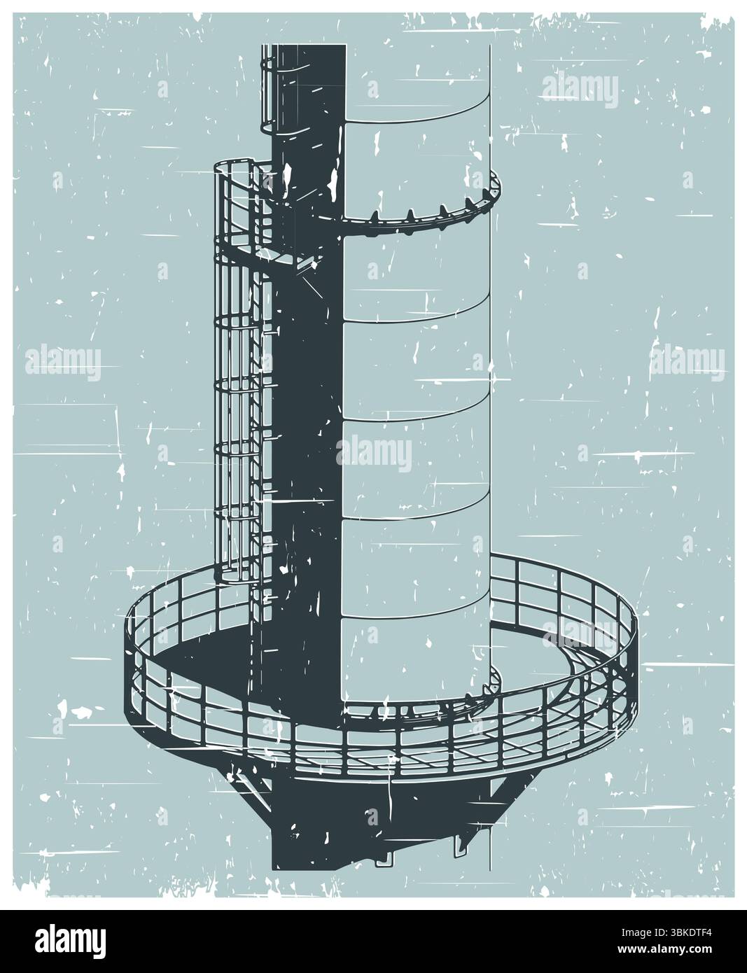 Parte di un alto camino industriale con struttura in metallo, piattaforma e scala di servizio in primo piano in stile poster retrò Illustrazione Vettoriale