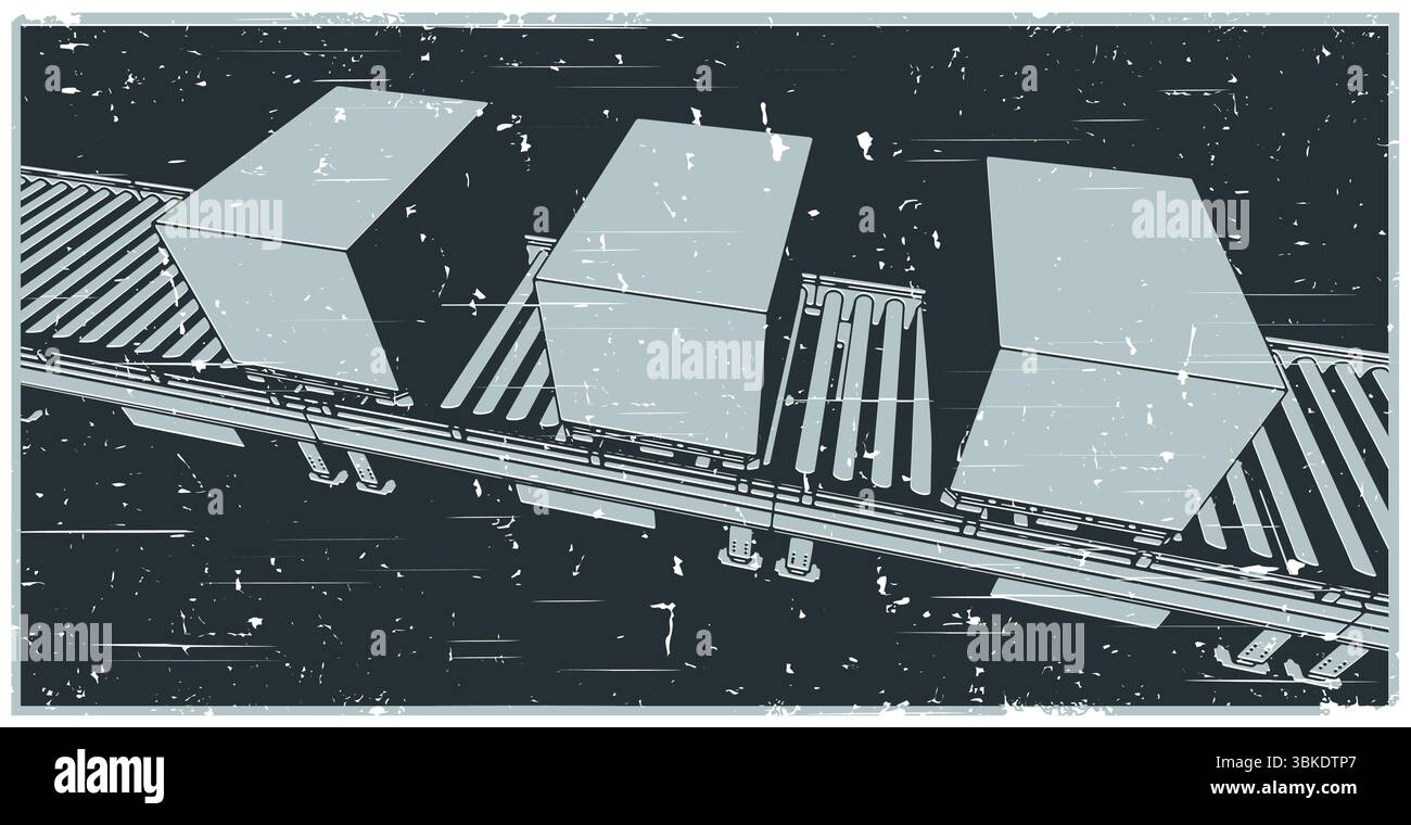 Linea di trasportatori con scatole su pallet primo piano poster retro illustrazione vettoriale stilizzata Illustrazione Vettoriale