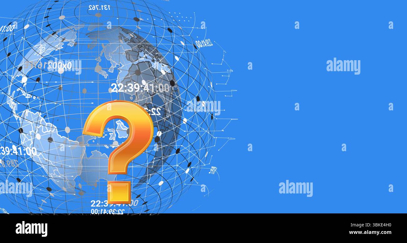 Rendering del globo wireframe che gira su un campo blu, con punto interrogativo e codici arancioni, copia spazio Foto Stock