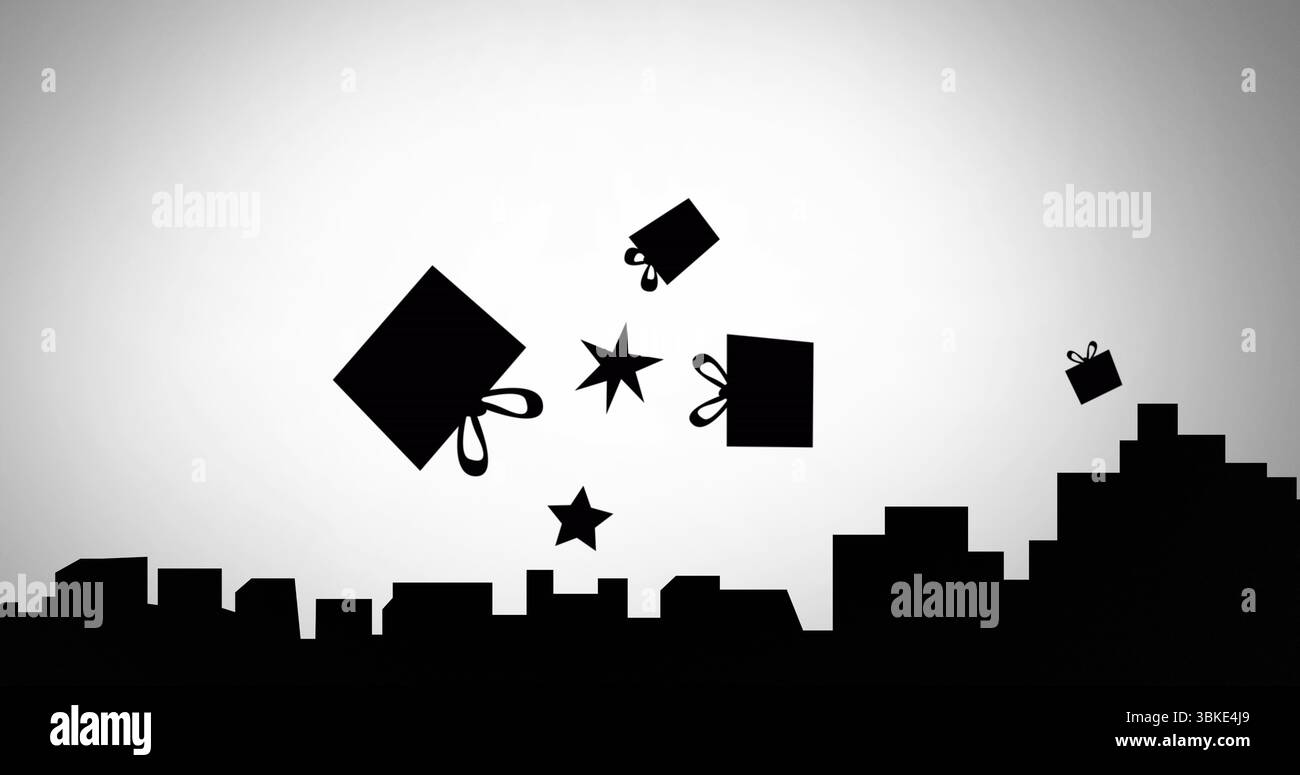 Scatole regalo nere galleggianti con fiocchi a nastro e stelle che volano sopra lo skyline della città, scena festosa Foto Stock