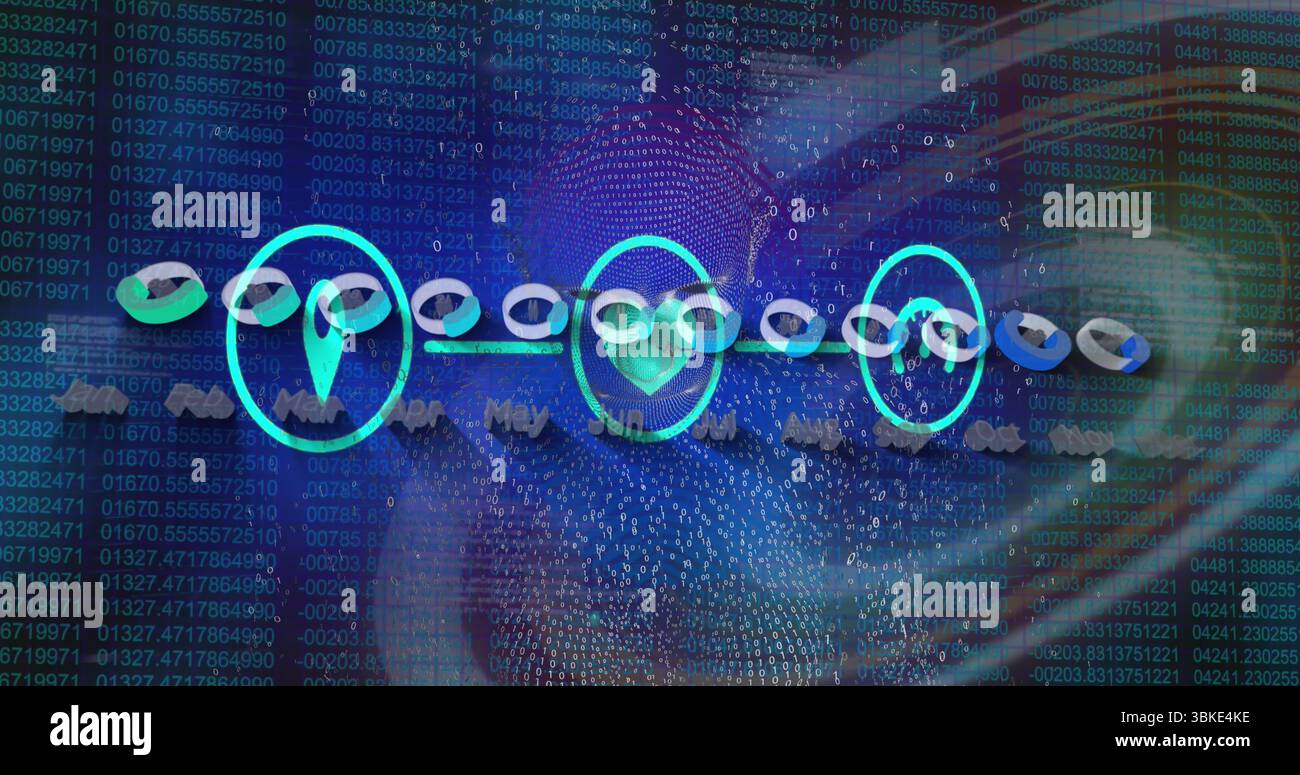 Grafica della timeline della blockchain che si apre in un hub dati virtuale, con icone di collegamento 3D e bitcoin Foto Stock