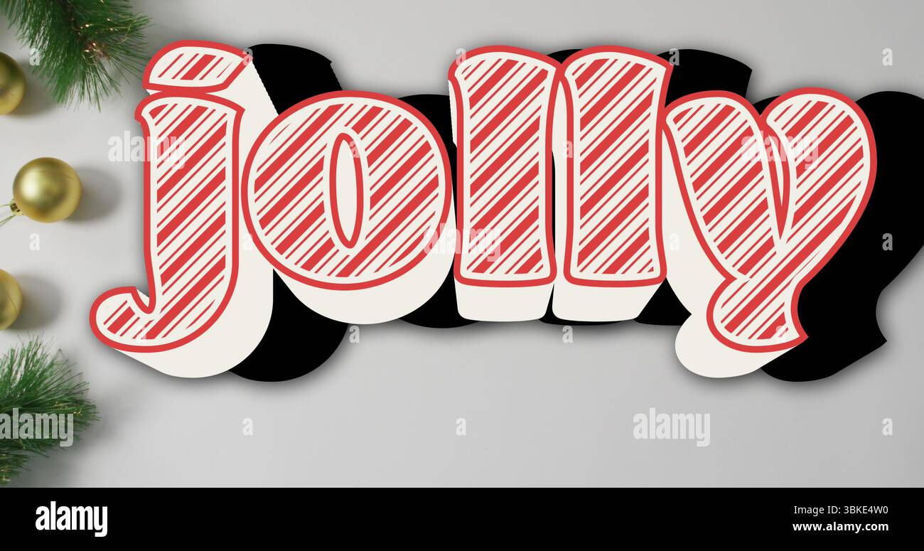 Visualizzazione di testo jolly su sfondo grigio pallido, con rametti di pino sempreverdi, baubles dorate Foto Stock