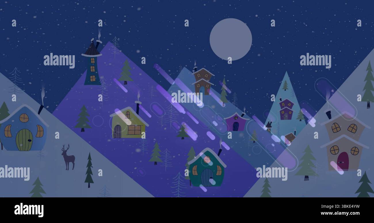 Cottage fumanti su pendii alpini sotto la luna piena, pini, cervi, neve che cade Foto Stock