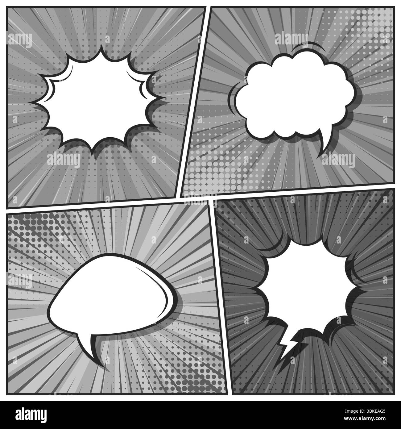 Sfondo fumettistico dei cartoni animati. Bolla del discorso. Poster in bianco e nero del libro di fumetti con elementi mezzitoni e linee radiali. Stile Pop Art retrò. Vettore Illustrazione Vettoriale