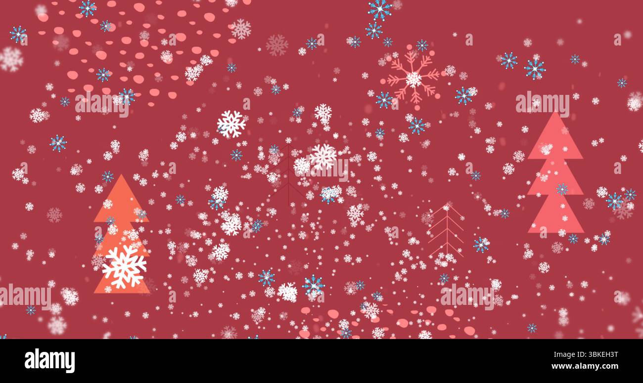 Fiocchi di neve cadenti che ballano su sfondo digitale rosso, con forme di alberi rosa e punti pastello Foto Stock