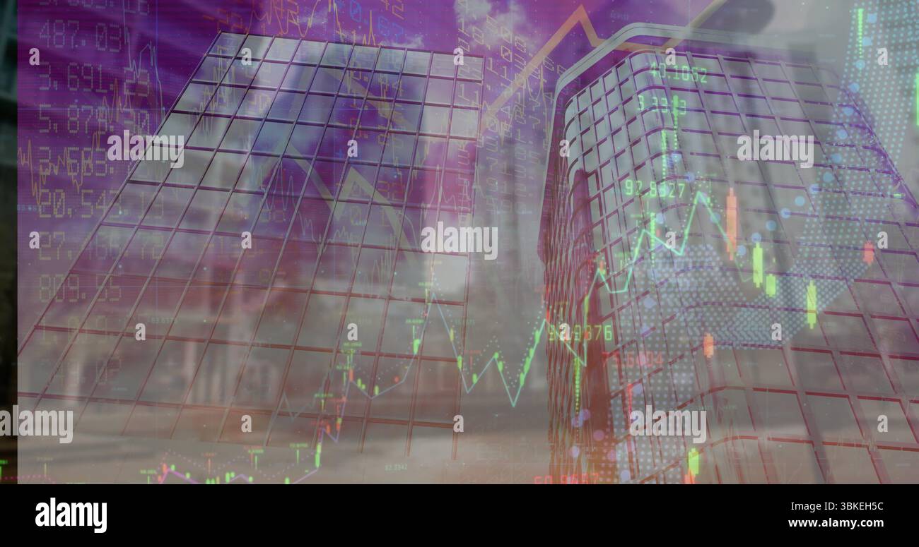 Due torri di vetro sovrapposte a grafici a candelabri nel centro della città con frecce di tendenza Foto Stock