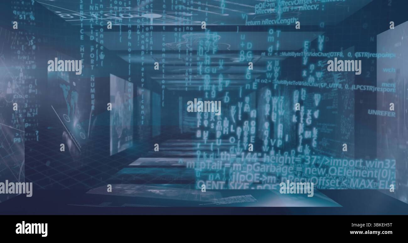 Colonna del codice che illumina corridoio digitale, codice olografico in streaming e piano griglia Foto Stock