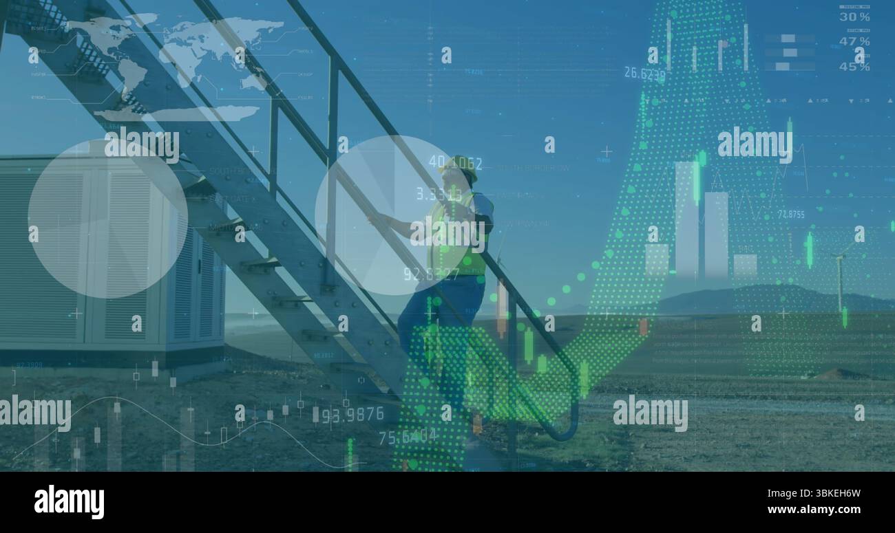 Tecnico di arrampicata che indossa casco e giubbotto sulle scale accanto all'unità dell'attrezzatura, con rivestimento digitale Foto Stock