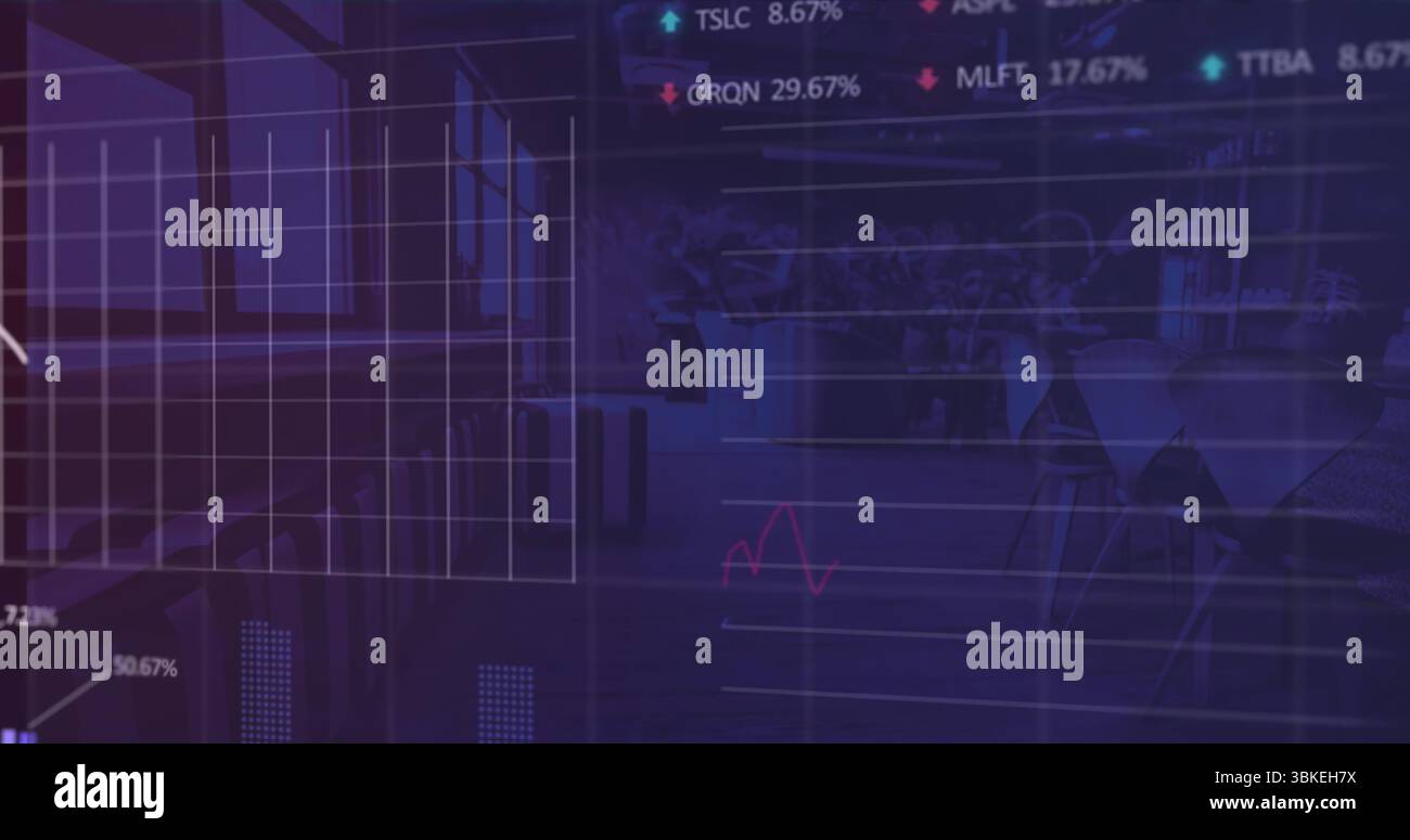 Sovrapposizione di griglia finanziaria e grafici a linee colorate e adesivi in tutto il ristorante con tavoli Foto Stock