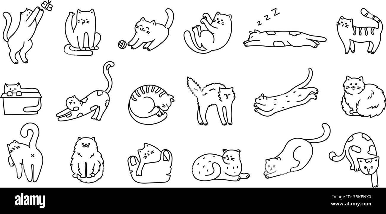 Gatti Doodle. Simpatico gattino, personaggi di gatto lineari disegnati a mano in varie pose seduti, dormendo, giocando e saltando. Animali domestici in linea art isolati Illustrazione Vettoriale