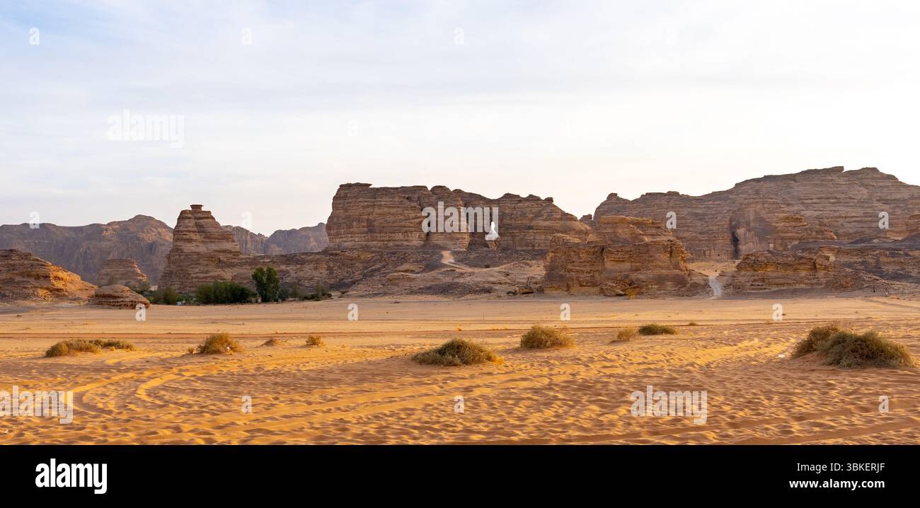 Viaggia lungo la splendida strada panoramica tra Riyad e Alula, attraverso un paesaggio di deserto di sabbia, formazioni rocciose e montagne, in Arabia Saudita Foto Stock