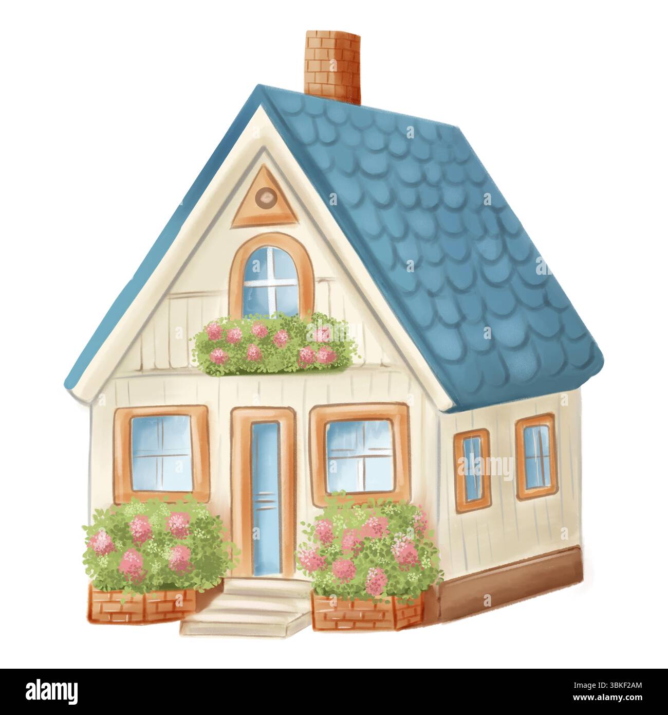 Una piccola casa accogliente con un tetto blu, fiori e tenui colori pastello di acquerello. Affascinante illustrazione in stile cartoni animati Foto Stock