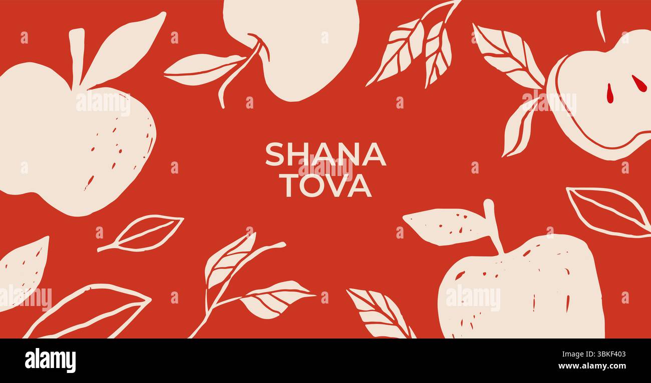 Striscione vintage Shanah Tova con mele disegnate a mano Illustrazione Vettoriale