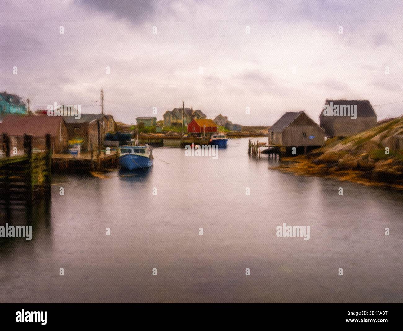 Pittura digitale ad olio delle impressioni del porto di Peggys Cove vicino ad Halifax in nuova Scozia, Canada Foto Stock