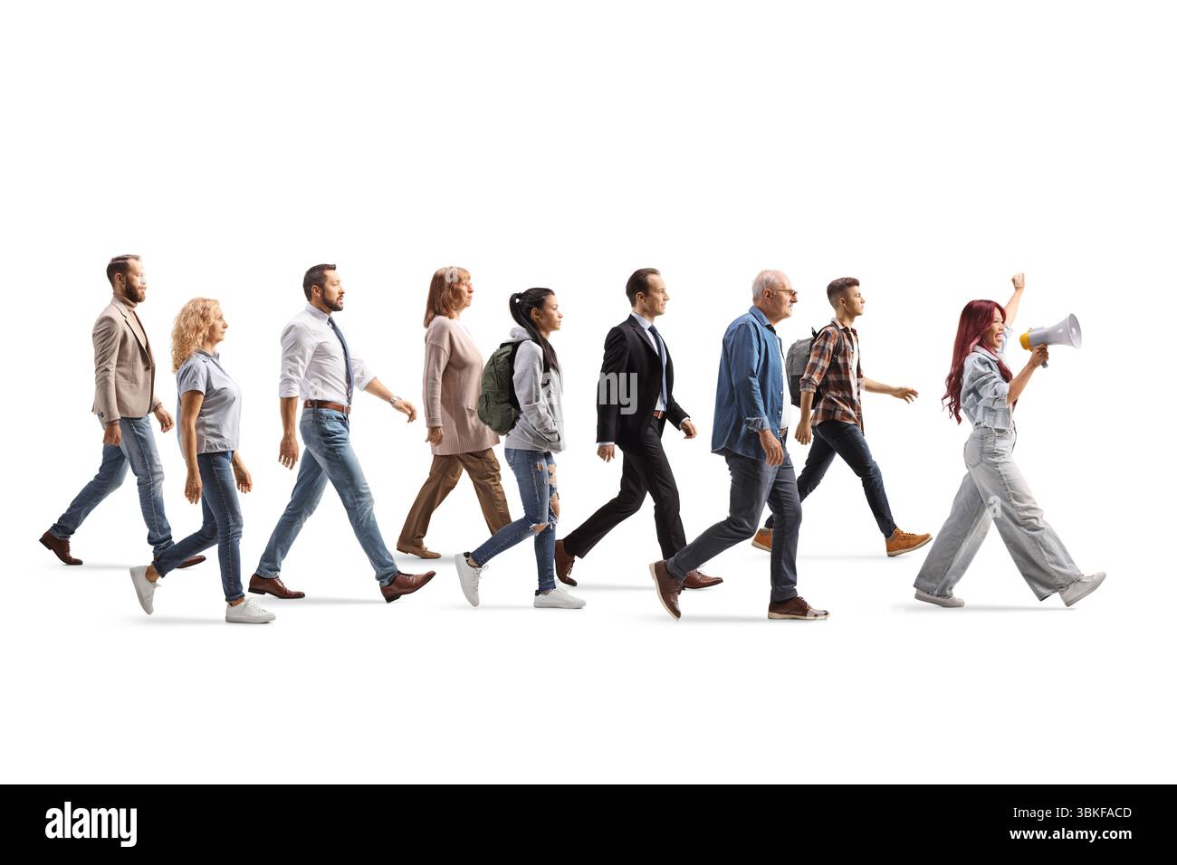 Le persone a una protesta e le donne che guidano con un megafono isolato su sfondo bianco Foto Stock