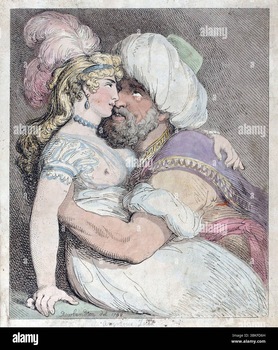 Una divertente stampa umoristica di un turco amulo 1798. Incisione a mano su carta vintage creata da Thomas Rowlandson, opere d'arte a stampa antica. Raffigura una caricatura satirica, probabilmente raffigurante una figura turca in uno scenario romantico o umoristico. L'opera d'arte è nota per il suo uso di caratteristiche esagerate per commentare gli atteggiamenti e i comportamenti della società del tempo Foto Stock Una divertente stampa umoristica di un turco amulo 1798. Incisione a mano su carta vintage creata da Thomas Rowlandson, opere d'arte a stampa antica. Raffigura una caricatura satirica, probabilmente raffigurante una figura turca in uno scenario romantico o umoristico. L'opera d'arte è nota per il suo uso di caratteristiche esagerate per commentare gli atteggiamenti e i comportamenti della società del tempo Foto Stock