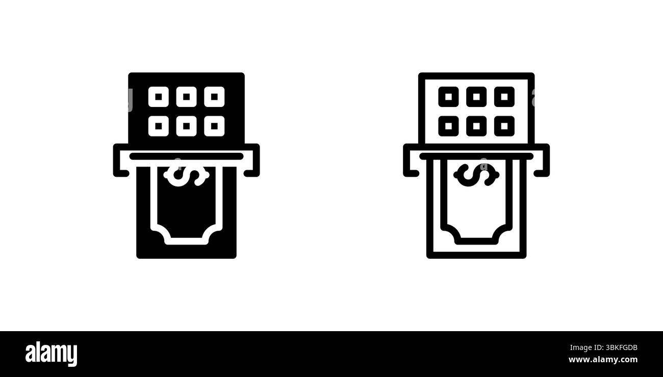 Icone di bancomat e simboli monetari, che rappresentano servizi bancari e transazioni finanziarie. Illustrazione Vettoriale