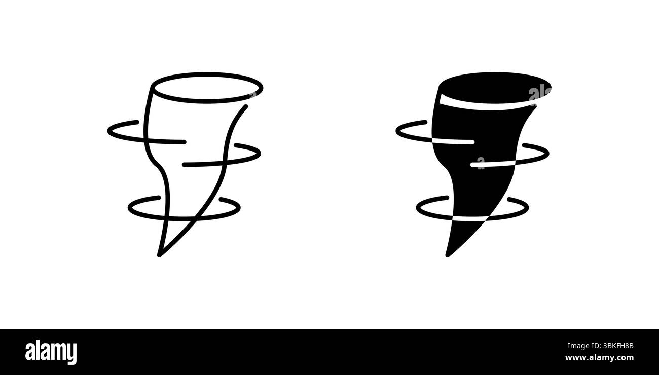 Set di icone tornado. Un'icona nera di un tornado, che rappresenta il maltempo. Illustrazione Vettoriale