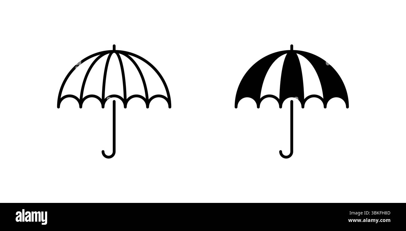 Set di icone ombrello. Un'icona nera di un ombrello che rappresenta la protezione dalla pioggia. Illustrazione Vettoriale