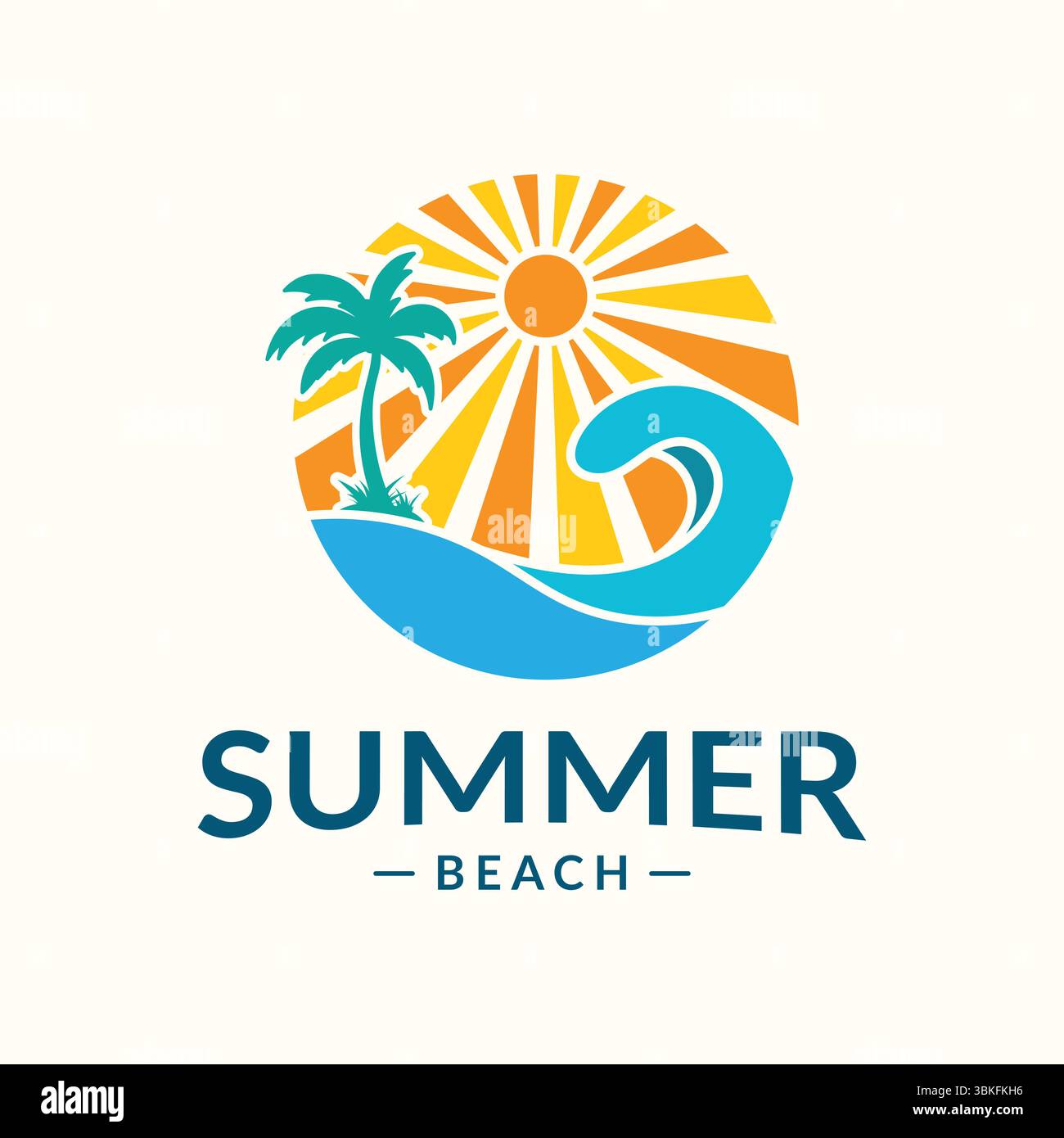 Logo stilizzato sulla spiaggia estiva con palme e onde oceaniche Illustrazione Vettoriale