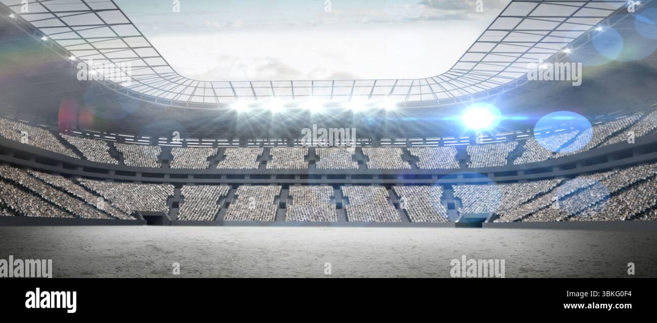 I posti a sedere vuoti dello stadio sportivo sono mostrati in un design piatto, con campo, sedili a gradini e proiettori Foto Stock